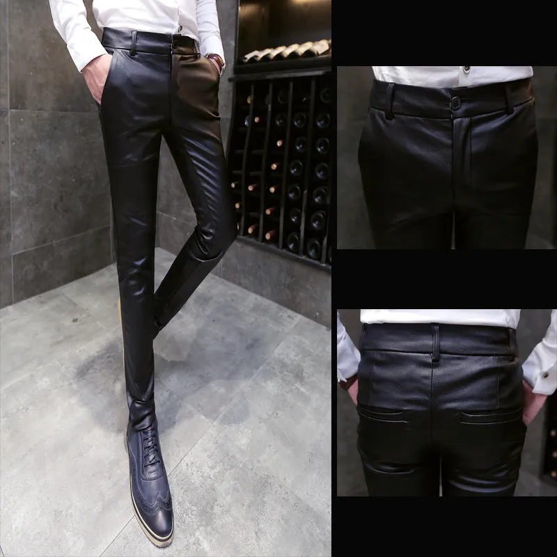 Mens Leather Pants Straight Ankle-Tied Pants Men's Casual Pants Youth Slim Pants