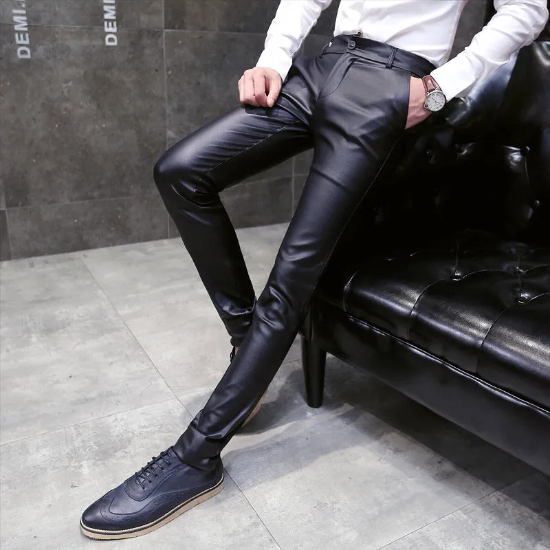 Mens Leather Pants Straight Ankle-Tied Pants Men's Casual Pants Youth Slim Pants