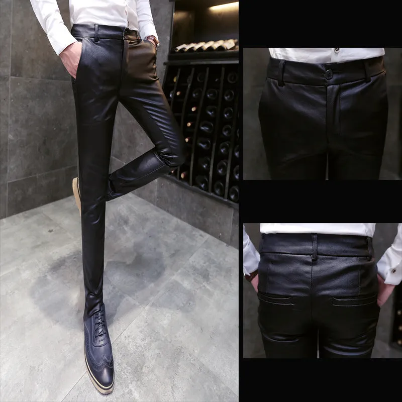 Mens Leather Pants Straight Ankle-Tied Pants Men's Casual Pants Youth Slim Pants