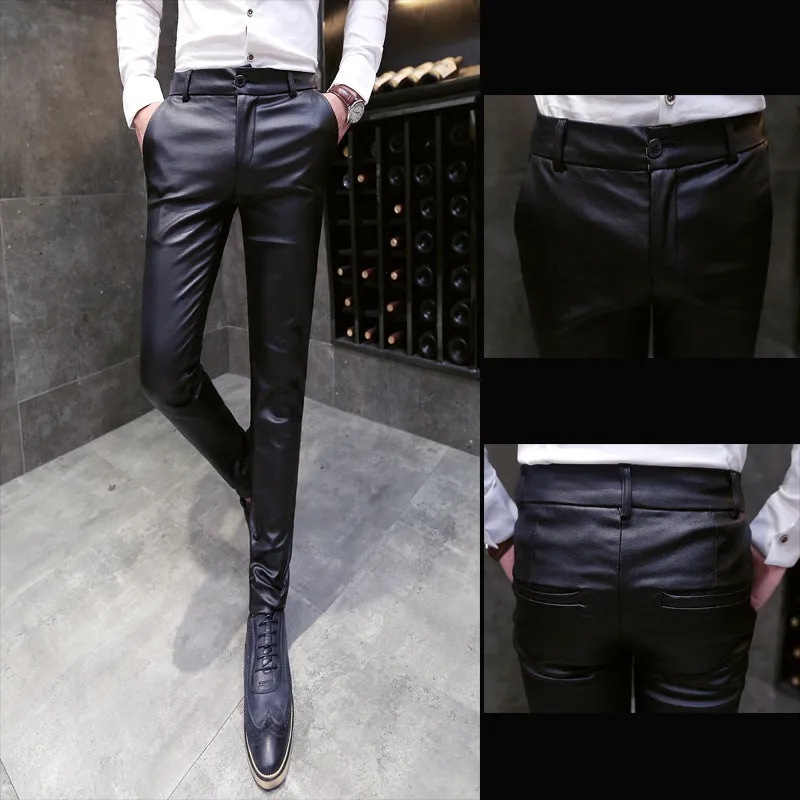 Mens Leather Pants Straight Ankle-Tied Pants Men's Casual Pants Youth Slim Pants