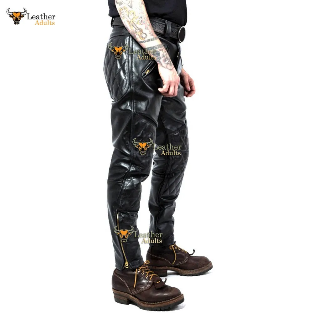 Men's Real Cowhide Leather Quilted Panels Trousers Breeches Pants Bikers Jeans