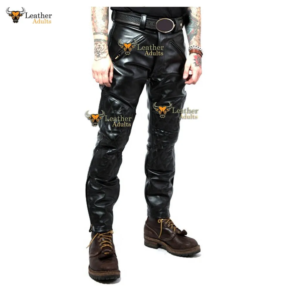 Men's Real Cowhide Leather Quilted Panels Trousers Breeches Pants Bikers Jeans