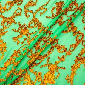 Mint Green Gold Filigree Printed Devoré Velvet