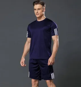 Navy Blue Striped Polyester Spandex Tees & Short Set