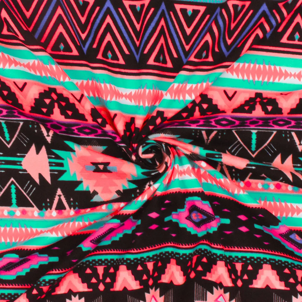 Neon Coral-Black-Multi Aztec Stripe Printed Double Brushed ITY Knit Fabric