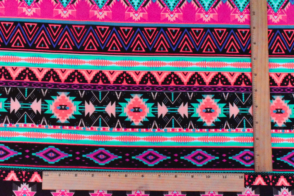 Neon Coral-Black-Multi Aztec Stripe Printed Double Brushed ITY Knit Fabric