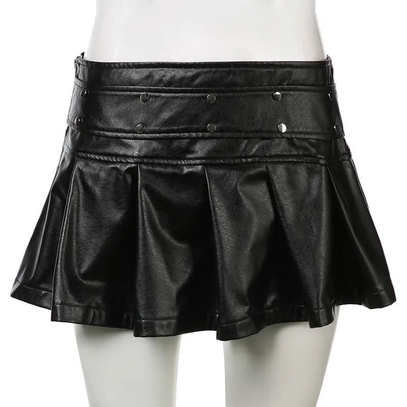 PU leather rivet zip-up pleated mini skirt