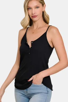 Ribbed Half Snap Button Closure Cami Top