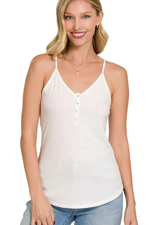 Ribbed Half Snap Button Closure Cami Top