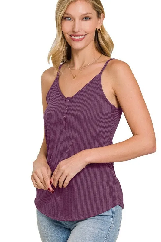 Ribbed Half Snap Button Closure Cami Top