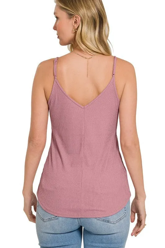 Ribbed Half Snap Button Closure Cami Top