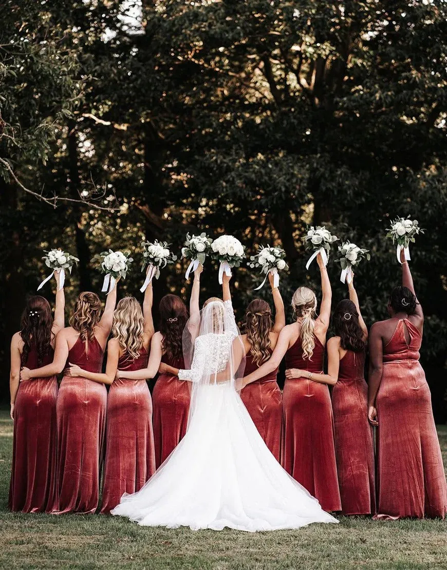 Rust Brown Velvet Long A Line Bridesmaid Dresses