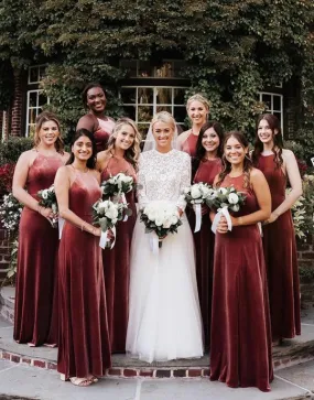 Rust Brown Velvet Long A Line Bridesmaid Dresses