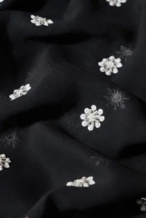 Silver Beads With Sequins Small Floral Handwork Embroidery On Black Viscose Georgette Fabric