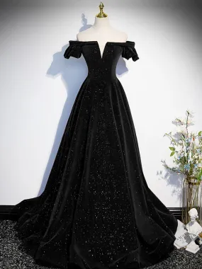 Simple Black Velvet Off the Shoulder Formal Dress