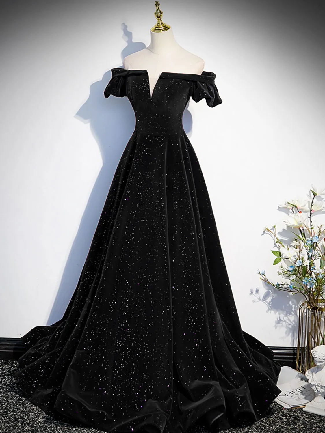 Simple Black Velvet Off the Shoulder Formal Dress