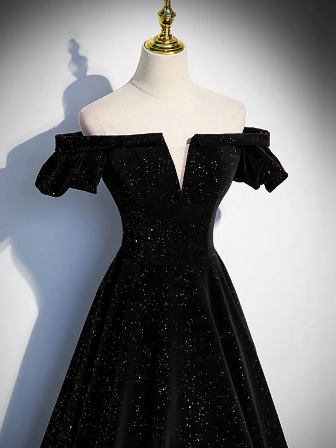 Simple Black Velvet Off the Shoulder Formal Dress