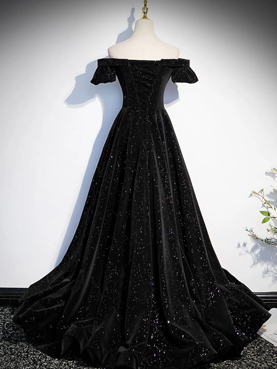 Simple Black Velvet Off the Shoulder Formal Dress