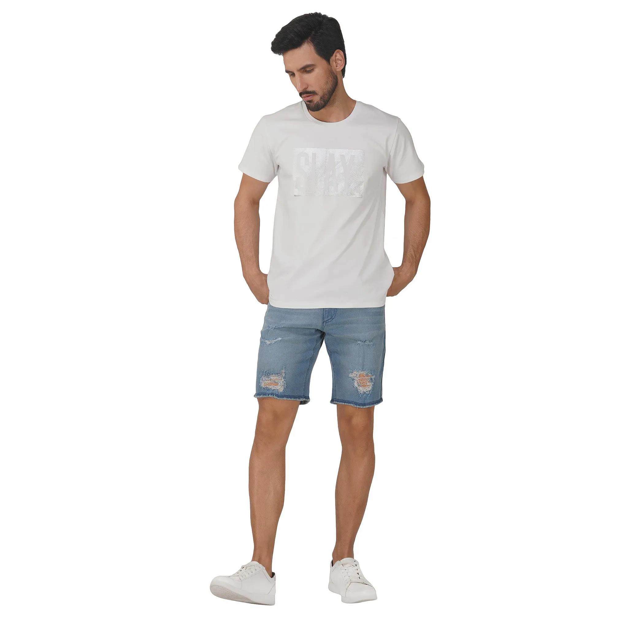 SLAY. Men's Enzyme Washed Ripped Denim Shorts