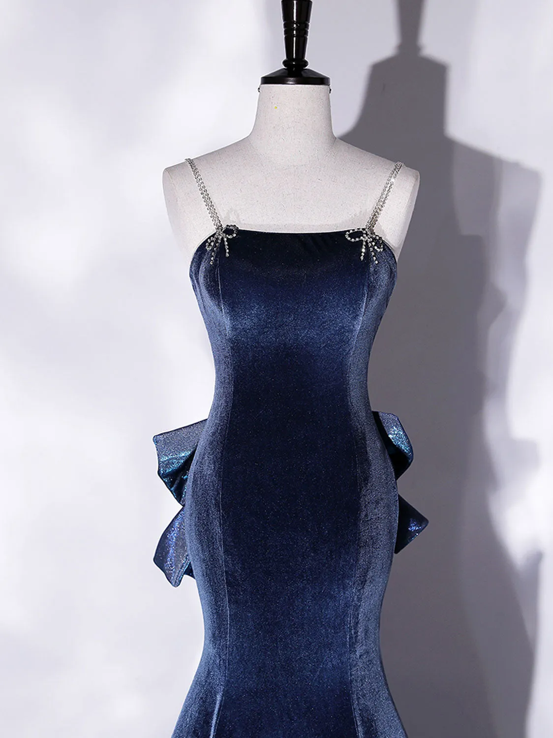 Spaghetti Strap Blue Velvet Mermaid Prom Dress with Big Bow Back