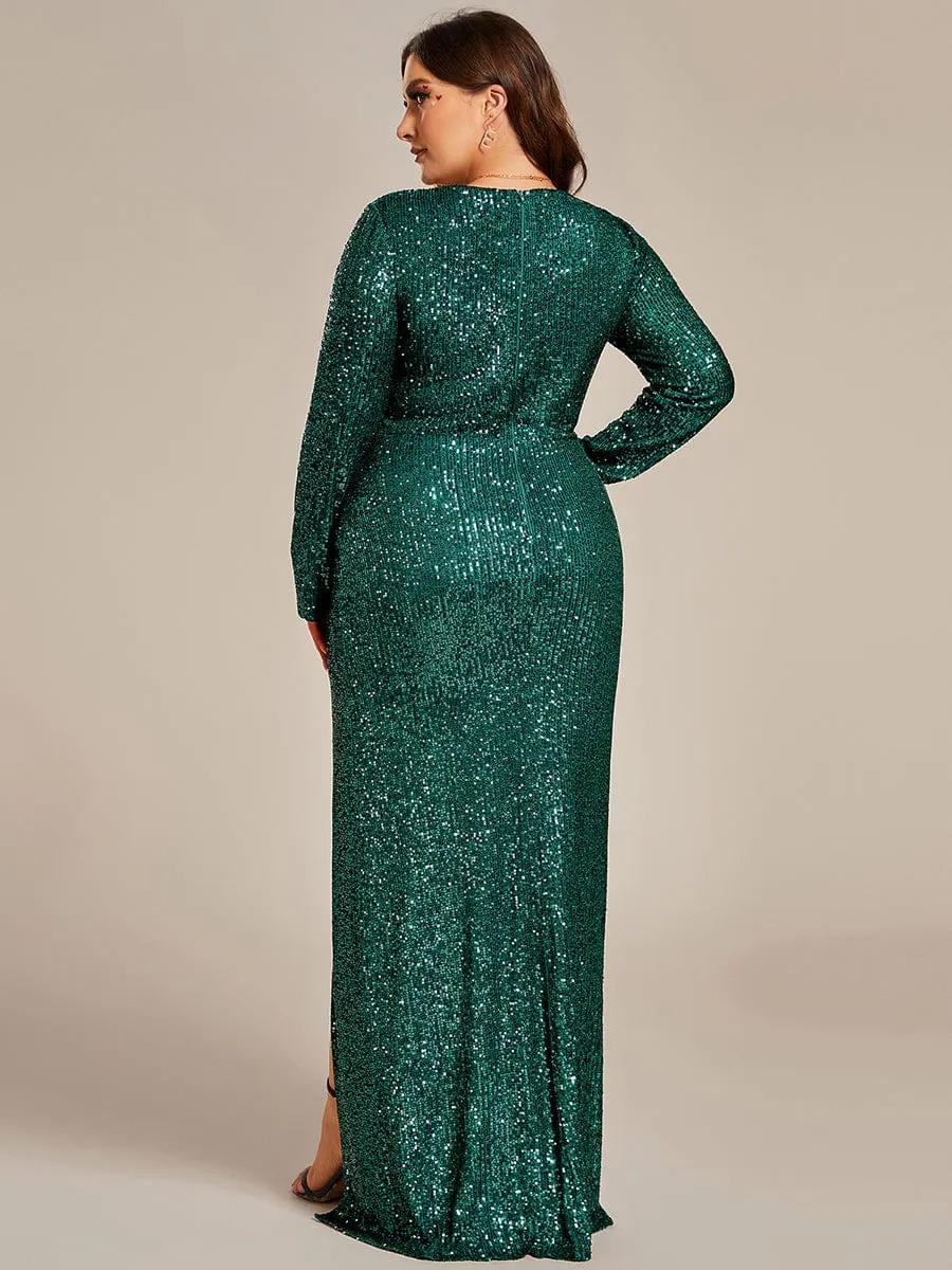 Sparkling Sequin V-Neck Long Sleeves Thigh-High Slit Evening Dress