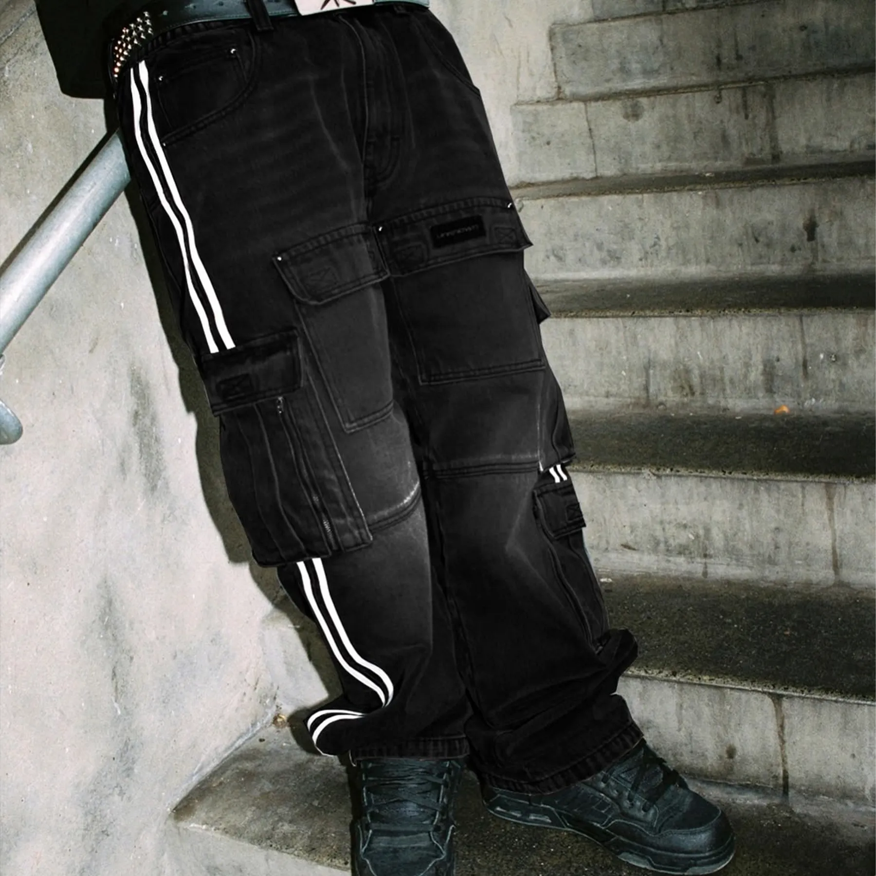 Unknown Black Striped Denim Cargos