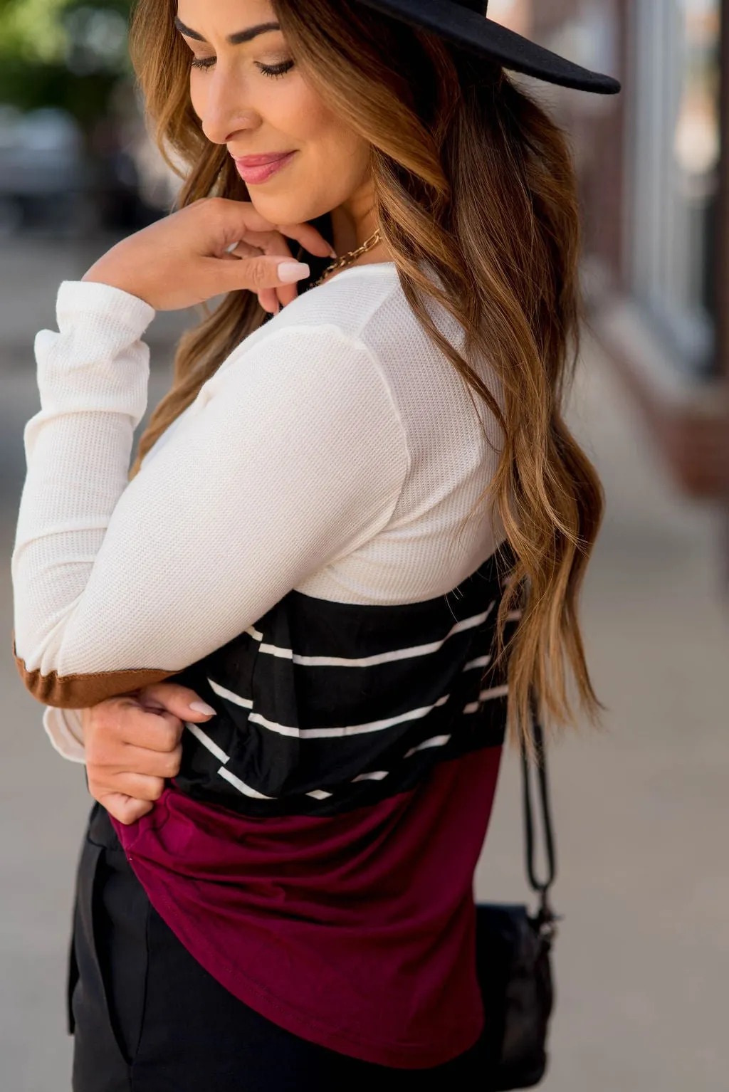 White/Striped/Solid Blocked Elbow Patch Tee